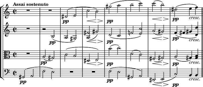 
{ 
<< \new StaffGroup <<
        \new Staff <<
            \tempo "Assai sostenuto"
            \relative c' {
                \clef treble \key a \minor \time 2/2
                R1
                R
                dis2(\pp e
                c'\< b\>)
                gis'(\pp a
                b c)
                c\<( b\>)
                dis,(\pp e4_\markup { \italic cresc. } f) \bar "||"
                }
            >>
        \new Staff <<
            \clef treble \key a \minor \time 2/2
            \new Voice \relative c' {
                R1
                r2 b(\pp
                a gis)
                <a fis'>\<( gis'\>)
                d(\pp c
                f! <e c'>)
                a\<( gis\>)
                f4(\pp fis gis_\markup { \italic cresc. } <d d'>)
                }
            >>
        \new Staff <<
            \clef alto \key a \minor \time 2/2
            \new Voice \relative c' {
                R1
                a2(\pp gis)
                c( b
                dis,\< e)\>
                b''(\pp c)
                d,( c)
                fis,(\< gis)\>
                a(\pp gis4)_\markup { \italic cresc. } <gis b>
                }
            >>
        \new Staff <<
            \clef bass \key a \minor \time 2/2
            \new Voice \relative c {
                gis2\pp( a
                f' e)
                R1
                R1
                f2(\pp e
                gis, a)
                dis,\<( e\>
                c')\pp b4_\markup { \italic cresc. } b
                }
         >>
    >>
>> }
