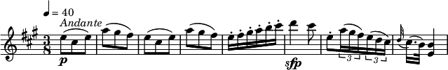 
\relative c'' {
    \version "2.18.2"
    \key a \major
    \tempo 4 = 40
    \time 3/8
    e8\p^ \markup { \italic  Andante }  (cis e)  a (gis fis) e   (cis e)  a (gis fis)
    e16-. fis-. gis-. a-. b-. cis-.
    d4\sfp cis8
    e,-. \tuplet 3/2 {a16 (gis fis) } \tuplet 3/2 { e (d cis) }   
   \appoggiatura d32 cis16. (b32) < e, b'>4
  }
