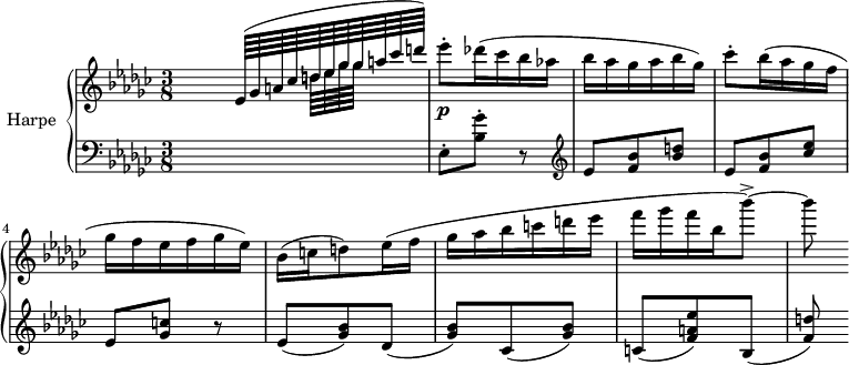 
\version "2.14.2"
\header {
  tagline = ##f
}
upper = \relative c' {
  \clef treble 
  \key ges \major
  \time 3/8
  \tempo 8 = 152
  %\autoBeamOff
   \set Staff.midiInstrument = #"orchestral harp"

  \partial 8 s16 
  \times 4/11 { \autoBeamOn << { ees64( ges a! ces d! ees ges ges a ces d!) } \\ { s64*4 d,!64[ ees ges ges] } >>  }
  ees'8-.\p des!16( ces bes aes! bes aes ges aes bes ges)
  ces8-. bes16(  aes ges f ges f ees f ges  ees)
  bes16( c! d!8) ees16( f ges aes bes c! d! ees f ges f bes, bes'8~->) bes8

}

lower = \relative c {
  \clef bass
  \key ges \major
  \time 3/8
  \set Staff.midiInstrument = #"orchestral harp"
    
  s8 ees8-. < ges' bes, >8-. r8  
  \clef treble ees8 < bes' f >8 < d! bes >
  ees,8 < bes' f >8 < ees ces > ees, < c'! ges > r8
  ees,8( < bes' ges >8) des,( < bes' ges >) ces,( < bes' ges >)
  c,!( < ees' a,! f >8) bes,( < d'! f, >)
    
} 

\score {
  \new PianoStaff <<
    \set PianoStaff.instrumentName = #"Harpe"
    \new Staff = "upper" \upper
    \new Staff = "lower" \lower
  >>
  \layout {
    \context {
      \Score
      \remove "Metronome_mark_engraver"
    }
  }
  \midi { }
}
