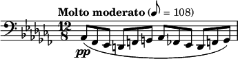  { \set Staff.midiInstrument = "contrabass" \language "english" \clef bass \key af \minor \time 12/8 \tempo "Molto moderato" 8 = 108 \relative { af,8\pp( ff ef d f g af ff ef d f g) } } 