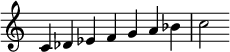  {
\override Score.TimeSignature #'stencil = ##f
\relative c' { 
  \clef treble \time 7/4
  c4 des es f g a bes c2
} }
