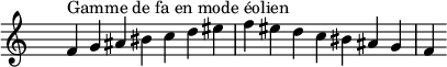 
\relative c' { 
  \clef treble \time 7/4 \hide Staff.TimeSignature f4^\markup { Gamme de fa en mode éolien } g ais bis c d eis f eis d c bis ais g f
}
