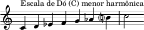  {
\override Score.TimeSignature #'stencil = ##f
\relative c' {
  \clef treble \time 7/4
  c4^\markup { Escala de Dó (C) menor harmônica } d es f g aes b!? c2
  }

}
