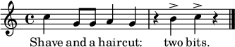 \relative c'' { \time 4/4 \key c \major 
c4 g8 g a4 g r b^