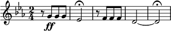 
  \new Staff \with {
     midiInstrument = #"violin"
     midiMaximumVolume = #1.5
  }
  \relative c' {
    \set Score.tempoHideNote = ##t
    \tempo 4 = 160
    \key c \minor
    \time 2/4
     r8 g'8\ff [g g] \tempo 4 = 52 es2 \fermata \tempo 4 = 160 r8 f8 [f f] \tempo 4 = 92 d2 ~ d \fermata
  }
