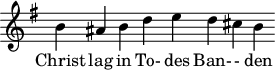 
\version "2.18.2"
\header {
  tagline = ##f
}
\score {
  \new Staff \with {
    \remove "Time_signature_engraver"
    \override Staff.TimeSignature.stencil = ##f

  }
<<
  \relative c'' {
    \key g \major
    \time 11/4
    \autoBeamOff

     %%% [[Antienne]] Vic- ti- mae pas- cha- li lau- des et choral
     
     b ais b d e d cis b

  }

  \addlyrics {
     Christ lag in To- des Ban- - den 
  }
>>
  \layout {
    \context {
      \remove "Metronome_mark_engraver"
    }
  }
  \midi {     \tempo 4 = 90 }
}
