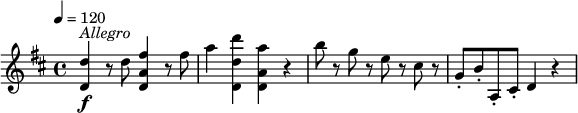 
\relative c'' {
  \version "2.18.2"
  \key d \major
  \tempo 4 = 120
  <d d,>4\f^ \markup { \italic  Allegro } r8 d <fis a, d,>4 r8 fis |
  a4 <d d, d,> <a a, d,> r |
  b8 r g r e r cis r |
  g8-. b-. a,-. cis-. d4 r |
}
