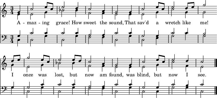 
<< <<
\new Staff { \clef treble \time 3/4 \partial 4 \key c \major \set Staff.midiInstrument = "piano"
  \set Score.tempoHideNote = ##t \override Score.BarNumber #'transparent = ##t
  \relative c''
  << { g4 | c2 e8 c | e2 d4 | c2 a4 | g2 g4 | c2 e8 c | e2 d8 e | g2 \bar"" \break
  d8 e | g2 e8 c | e2 e8 d | c2 a4 | g2 g4 | c2 e8 c | e2 d4 | c2 \bar"|." } \\
  { e,4 | e2 g4 | bes2 bes4 | f2 f4 | e2 e4 | e2 g4 | c2 g4 | g2
  g4 | e2 g4 | bes2 bes4 | f2 f4 | e2 e4 | e2 g4 | c2 f,4 | e2 } >>
}
\new Lyrics \lyricmode {
A4 -- maz2 -- ing4 grace!2 How4 sweet2 the4 sound,2
That4 sav'd2 a4 wretch2 like4 me!2
I4 once2 was4 lost,2 but4 now2 am4 found,2
was4 blind,2 but4 now2 I4 see.2
}
\new Staff { \clef bass \key c \major \set Staff.midiInstrument = "piano" \relative c'
  << { g4 | c2 c4 | c2 c4 | a2 a4 | c2 c4 | g2 g4 | c2 c4 | b2
  g4 | g2 c4 | c2 c4 | a2 a4 | c2 c4 | g2 g4 | c2 b4 | c2 } \\
  { c,4 | c2 g'4 | c,2 g'4 | f2 f4 | c2 g'4 | c,2 e4 | g2 c4 | g2
  g4 | c,2 g'4 | c,2 g'4 | f2 f4 | c2 g'4 | c,2 c4 | g'2 g4 | c,2 } >>
}
>> >>
\layout { indent = #0 }
\midi { \tempo 4 = 80 }
