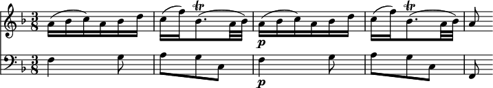 
<< <<
\new Staff { \clef treble \time 3/8 \key f \major 
    \set Staff.midiInstrument = "violin" \set Score.tempoHideNote = ##t 
    \relative c'' { 
    a16( bes c) a bes d |
    c( f) bes,8.\trill( a32 bes) |
    a16\p( bes c) a bes d |
    c( f) bes,8.\trill( a32 bes) |
    a8 }
}
\new Staff { \clef bass \time 3/8 \key f \major 
    \set Staff.midiInstrument = "cello"
    \relative c {
    f4 g8 | a g c, | f4\p g8 | a g c, | f, }
}
>> >>
\layout { indent = #0 }
\midi { \tempo 8 = 100 }
