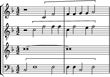 
\version "2.18.2"
\header {
  tagline = ##f
}
global= {
  \time 4/2
  \key f \major
  \tempo 2 = 80
    \set Staff.midiInstrument = #"orchestral harp"
}

dessus = \new Voice \relative c' {
  \clef treble
  \set Staff.instrumentName = #""
 
   r1 \[ c2 f f4 f g g a2 \] s2
  
  % \addlyrics { Vos- tre-al- lée__ me des }
}

alto = \new Voice \relative c' {
  \set Staff.instrumentName = #""
  \clef "treble_8"

   r2 \[ c2 f f4 f c f2 e4 f2 \] s2

}

tenor = \new Voice \relative c' {
  \set Staff.instrumentName = #""
  \clef "treble_8"

  c\breve~ c\breve

}

basse = \new Voice \relative c {
  \set Staff.instrumentName = #""
  \clef bass

   \[ c2 f1 f2 f4 f c2 f \] s2

}

\score {
  \new StaffGroup <<
    \new Staff << \global \dessus >>
    \new Staff << \global \alto >>
    \new Staff << \global \tenor >>
    \new Staff << \global \basse >>
  >>
  \layout {
    \context {
      \Score
      \remove "Metronome_mark_engraver"
    }
  }
  \midi { }
}
