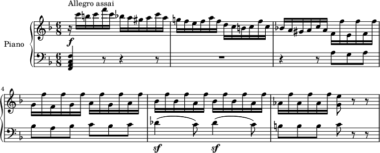 
\header {
  tagline = ##f
}
upper= \relative c' {
  \clef treble
  \key f \major
  \time 6/8
  \set Staff.midiInstrument = #"piano"
    r16\f^\markup { Allegro assai} c''16 b c f c bes a gis a c a
    g! f e f a f   d c b c f c
    bes! a gis a c a    f f' e, f' f, f'
    g, f' f, f' g, f'    a, f' g, f' a, f'
    bes, f' bes, f' a, f'   bes, f' bes, f' a, f'
   aes, f' aes, f' aes, f'  <g, e'>8 r8 r8
  }
lower=\relative c { \set Staff.midiMaximumVolume = #0.7
    \clef bass
    \key f \major
    \numericTimeSignature
    \time 6/8
    <f, a c f>4 r8 r4 r8
   R2.
   r4 r8 a'8 g a
   bes a bes c bes c
   des4\sf (c8) des4\sf (c8)
   b8 b b c r8 r8
  }
\score {
       \new PianoStaff \with { instrumentName = #"Piano" }
       <<
         \new Staff = "upper" \upper
         \new Staff = "lower" \lower
       >>
\layout { }
\midi { } }
