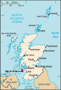 Kort over Skotland med Isle of Arran markeret med rødt