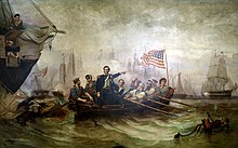 Szene aus der Schlacht auf dem Eriesee, bei der Perry ein Kanu mit US-amerikanischer Flagge auf dem See in die Schlacht führt.