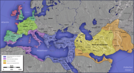Het Middellandse Zeegebied in de eerste helft van de zesde eeuw met het rijk van de Sassaniden (geel) en zijn vazalstaten (oranje)