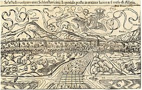 Ansicht von Schlettstadt mit der Hohkönigsburg, vor 1550; Holzschnitt aus dem ehemaligen Wolf-Dietrich-Klebeband Städtebilder