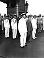 Japanese Vice Admiral Chuichi Hara (center) surrenders Japanese forces on Truk aboard USS Portland, September 2, 1945.