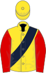 Yellow, Dark Blue sash, Red sleeves