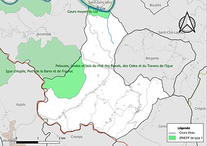 Carte des ZNIEFF de type 1 sur la commune.