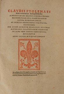 Title page from a 1528 copy of Ptolemy's "Almagestum," translated to Latin from Greek by Trebizond