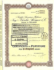 Certificato della Società Anonima Italiana Ing. Nicola Romeo & C. per 5 azioni da 100 lire ciascuna, emesso a Milano il 7 febbraio 1929. Dopo l'acquisizione dell'Anonima Lombarda Fabbrica Automobili nel 1918, l'azienda fu trasformata in società per azioni. Dopo il martedì nero del 1929, la sua società ebbe difficoltà finanziarie e Romeo dovette lasciarla.