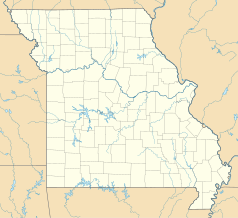 Mapa konturowa Missouri, na dole po lewej znajduje się punkt z opisem „Leawood”