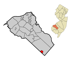 Map of Newfield highlighted within Gloucester County. Inset: Location of Gloucester County in New Jersey.