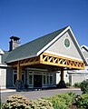 A large timber Howe truss in a commercial building.