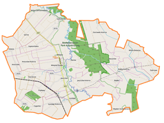 Mapa konturowa gminy Milejów, u góry nieco na lewo znajduje się punkt z opisem „Łańcuchów”