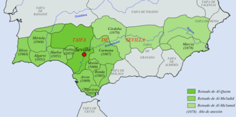 Taifa-Reich Sevilla unter Abu l-Qasim (Abbad I.) (dunkelgrün), Abbad II. al-Mu'tadid (grün) und Muhammad al-Mu'tamid (hellgrün)