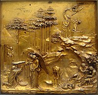 Panel del Sacrificiu d'Isaac de la puerta del bautisteriu de Florencia, obra de Lorenzo Ghiberti.