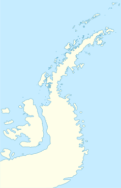 Mapa konturowa Półwyspu Antarktycznego, u góry po prawej znajduje się punkt z opisem „Base Antártica Matienzo”