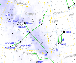 Cygnus X-1 ligger bredvid stjärnan η (under mitten) på denna karta för stjärnbilden Svanen.[1]