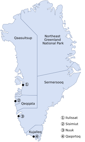 تقسیمات جدید کشوری گرینلند که از ۱ ژانویهٔ ۲۰۰۹ رسمی شده‌است. مراکز استان‌ها با شماره نشان داده شده‌اند.