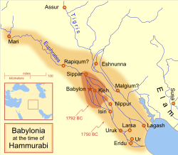 Hammurabi'nin saltanatının başlangıcında ve sonunda Babil İmparatorluğu'nun kapsamı – bugün modern Irak'ta bulunan.