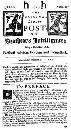 Robinson Crusoe, Titelblatt vu dr Erschtuusgab in Heathcot's Intelligence
