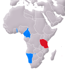 Nemška Vzhodna Afrika v rdeči, druge sodobne nemške kolonije pa v modri barvi