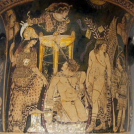 Rødfigur kratér (blandekar) fra Paestum i Italia (ca. 330 f.Kr.), som viser Orestes ved Delphi flankert av Athene og Pylades blant erinyer og prestinner til Apollon, med Pythia sitter bak dem på sin offertripod.