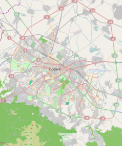 Mapa konturowa Sofii, w centrum znajduje się punkt z opisem „Stadion im. Wasiła Lewskiego”