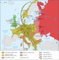 Kartskisse over Europa som viser det tyske angrepet på Danmark, Norge, Belgia, Nederland, Luxembourg og Frankrike og den sovjetiske okkupasjonen av de baltiske landene Estland, Latvia og Litauen, deler av Finland og Romania.