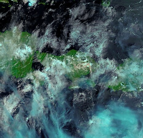Ash over the volcano, satellite image (MODIS) with description