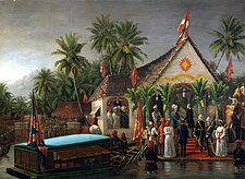 Painting by Raja Ravi Varma depicting Buckingham being greeted by Visakham Thirunal, with Ayilyam Thirunal of Travancore looking on, during Buckingham's visit to Trivandrum, Travancore in early 1880.