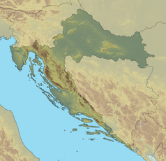 Mapa konturowa Chorwacji, blisko centrum na dole znajduje się czarny trójkącik z opisem „Svilaja”