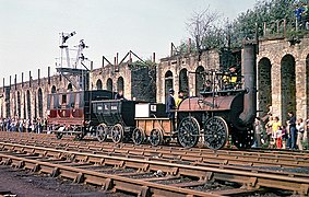 Locomotion No 1 replica passing the Shildon coal drops