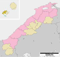 Nishinoshimas läge i Shimane prefektur Städer:      Signifikanta städer      Övriga städer Landskommuner:      Köpingar      Byar