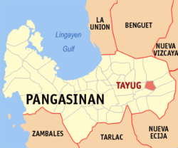 Mapa ng Pangasinan na nagpapakita sa lokasyon ng Tayug.