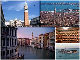 Kolase Venice: tina bagéan kénca luhur nyaéta Piazza San Marco, dituturkeun ku kamandangan kota, Grand Canal, interior La Fenice, jeung Pulo San Giorgio Maggiore.