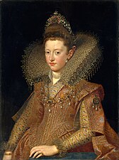 Frans Pourbus d. J.: Margarita Gonzaga, 1606. Diadem mit Perlen und Blumen aus Email.