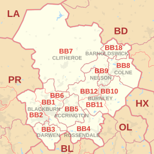 BB postcode area map, showing postcode districts, post towns and neighbouring postcode areas.