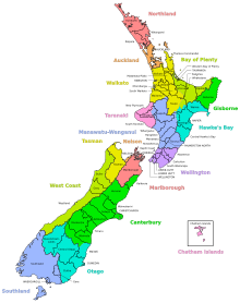 A map of New Zealand divided into regions and territorial authorities with labels