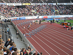 Naisten 400 metrin aitajuoksua Helsingin olympiastadionilla heinäkuussa 2005.